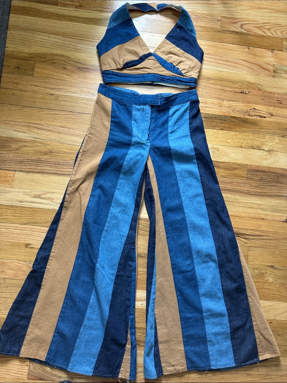 Vintage Wide-Leg Denim Bell Bottoms & Halter Top Striped Pants in Blue and Tan